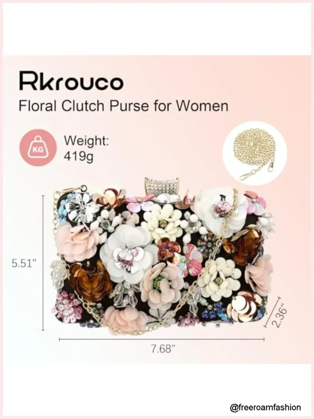 Evening Clutch Bag - Satin Floral Handbag with Rhinestones, Detachable Chains